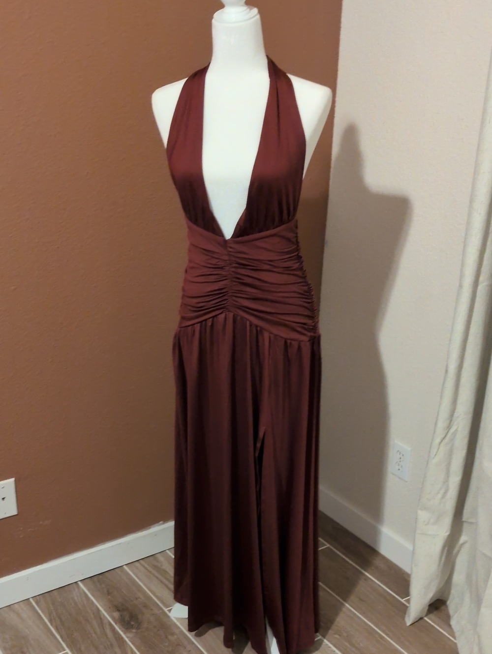 Deep V Halter Maxi Dress in Burgundy